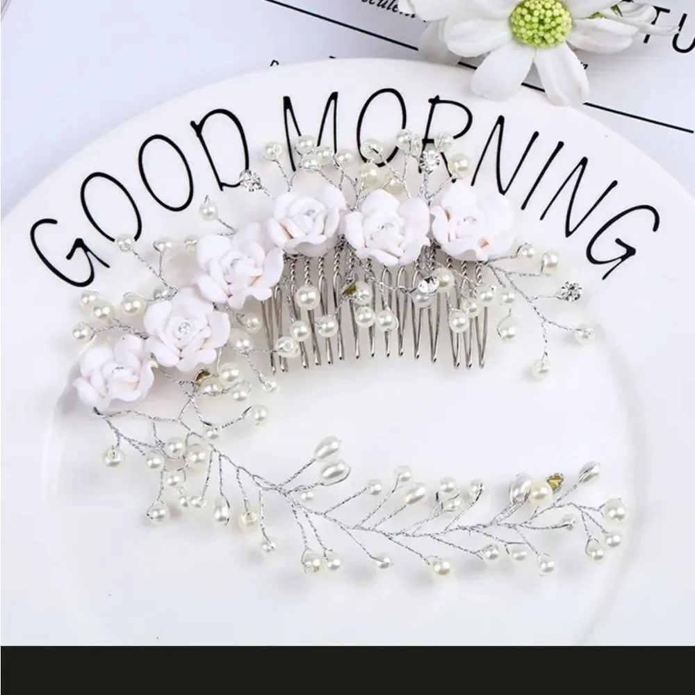 Wedding Bridal Hair Comb Hair Vine Flowers Pearls